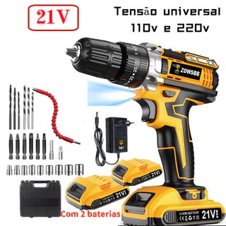 parafusadeira Furadeira impacto elétrica Furadeira Sem Fio 2 Baterias 24 Acessórieos 110V~220V