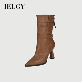 IELGY 2024 Inverno Nova Edição Coreana De Couro Salto Fino Apontou Toe Botas Magras Meados De Cano Alto Versátil Martin