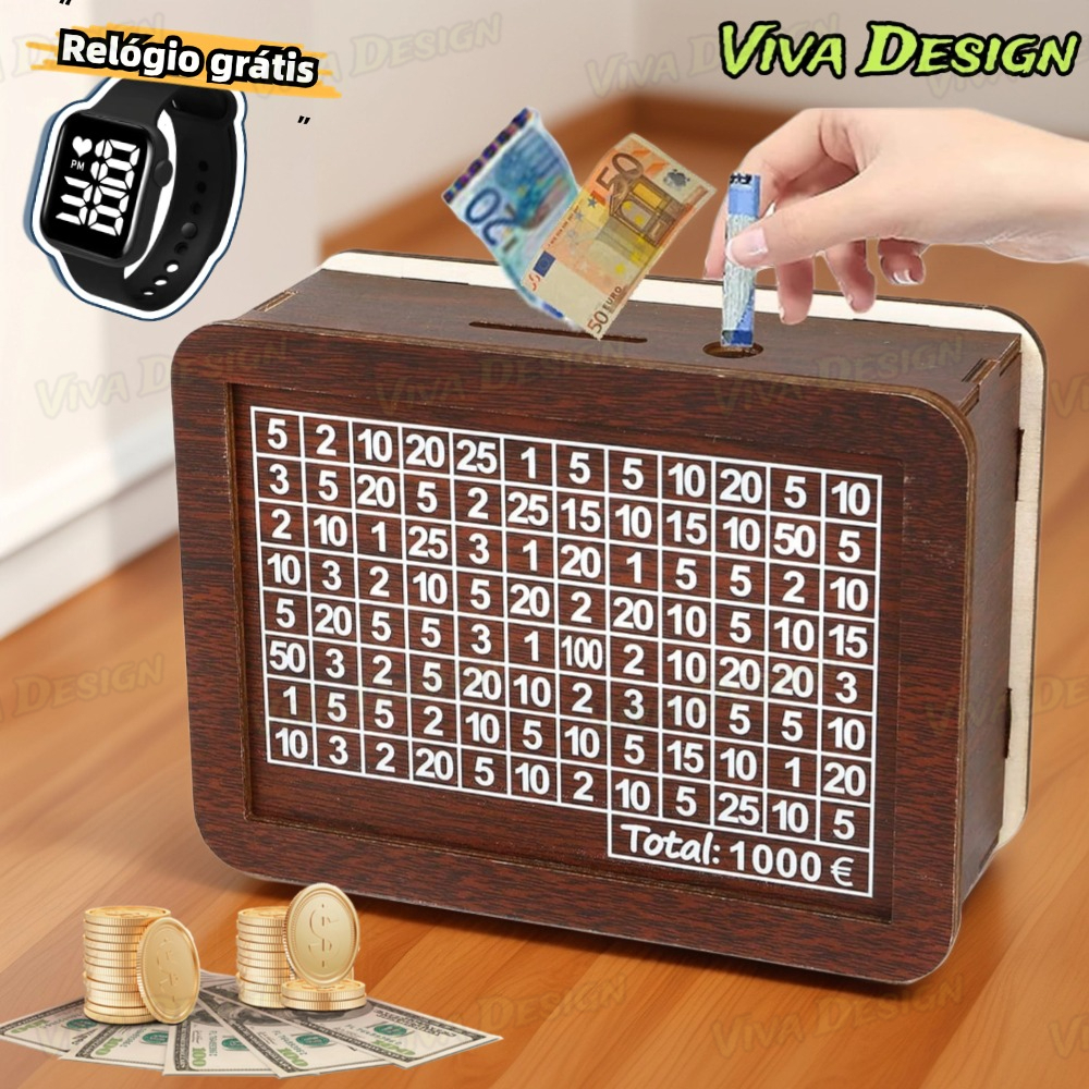 Caixa Mdf De Dinheiro Cofre Desafio 1 Mil Cofrinho Porta Moedas Guardar ...