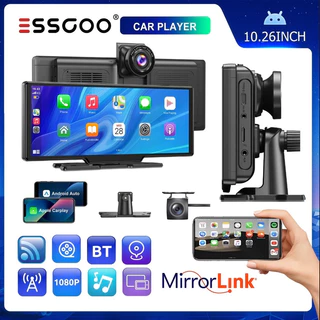 ESSGOO 10,26 polegadas Gravador de direção sem fio Apple Carplay e Android-auto Câmera dupla Multimídia Player