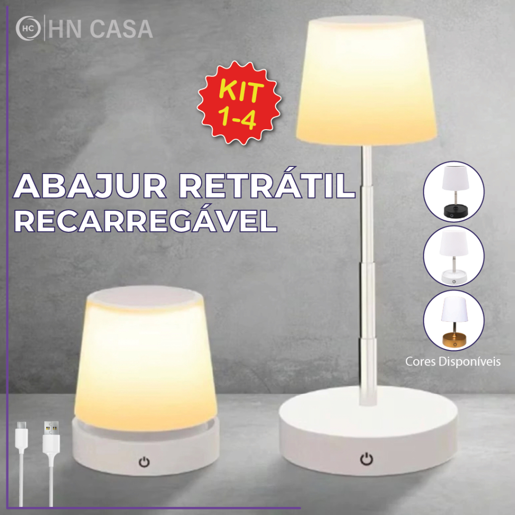 Kit 4 Abajur LED Recarregável Retrátil de Aço Luz Neutra Ajustável 3 Tons USB Sala/Escritório/Quarto