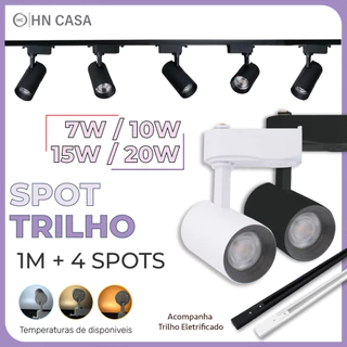 1M Trilho + 4 Spot LED 20W 15W 10W 7W Eletrificado + Trilho Tubinho Preto e Branco Luz Fria, Neutra e Quente Bivolt