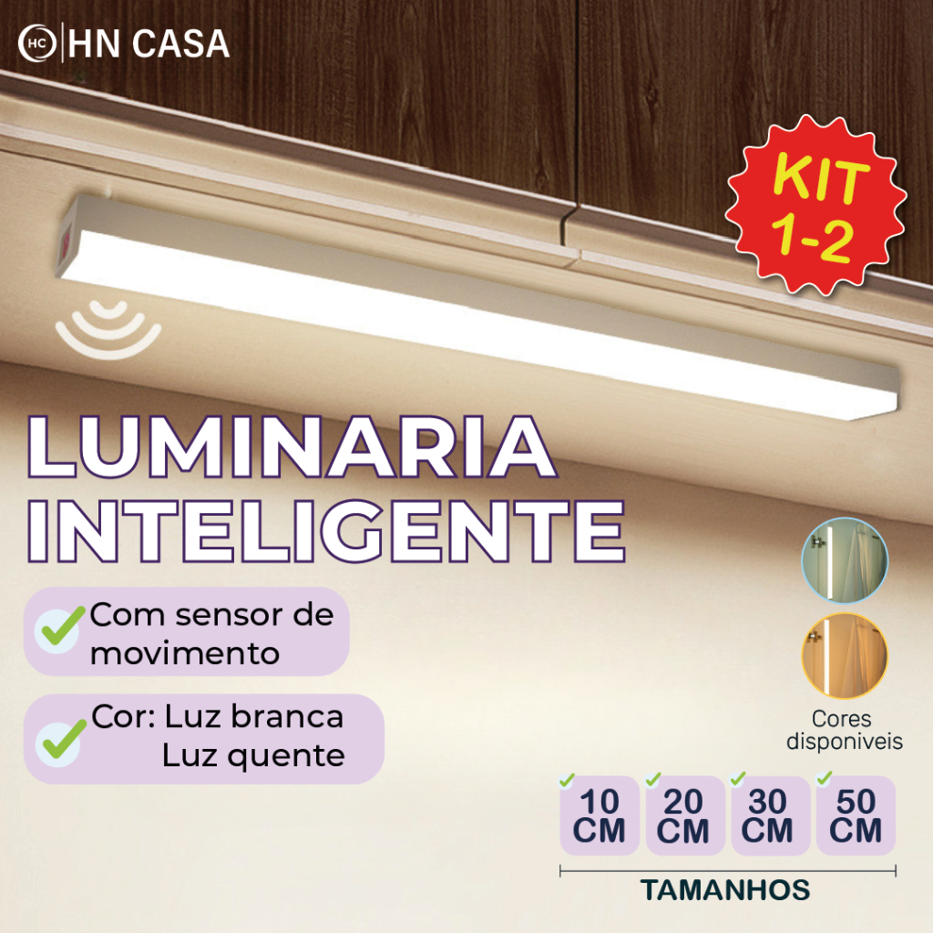 Kit 2 Smart Luminária Inteligente Ultra LED com sensor de movimento sem fio e Recarregável USB fino barra 10/20/30/50cm