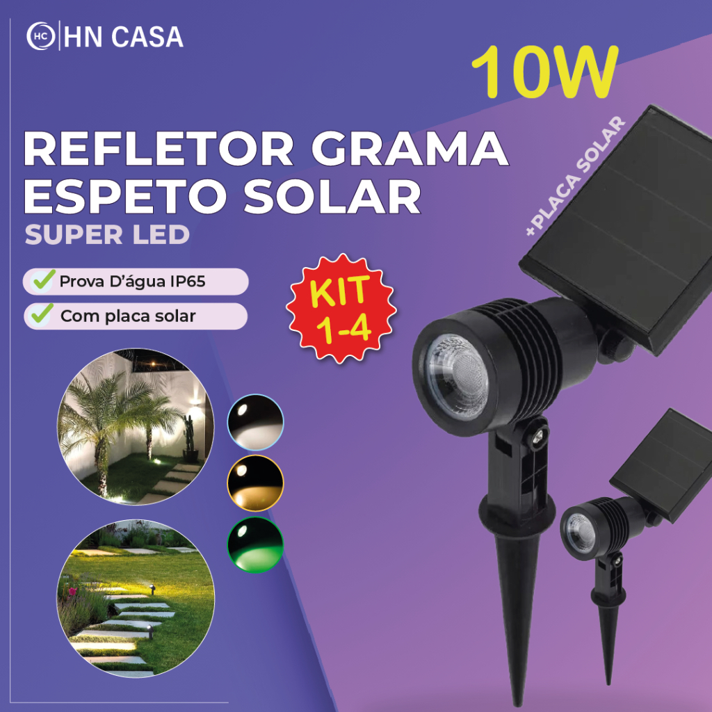 Kit 1-4 Luminária Espeto Jardim Solar LED 10W Refletor Solar | Luz de Gramado | À Prova D'àgua Avançada | Luz Fria