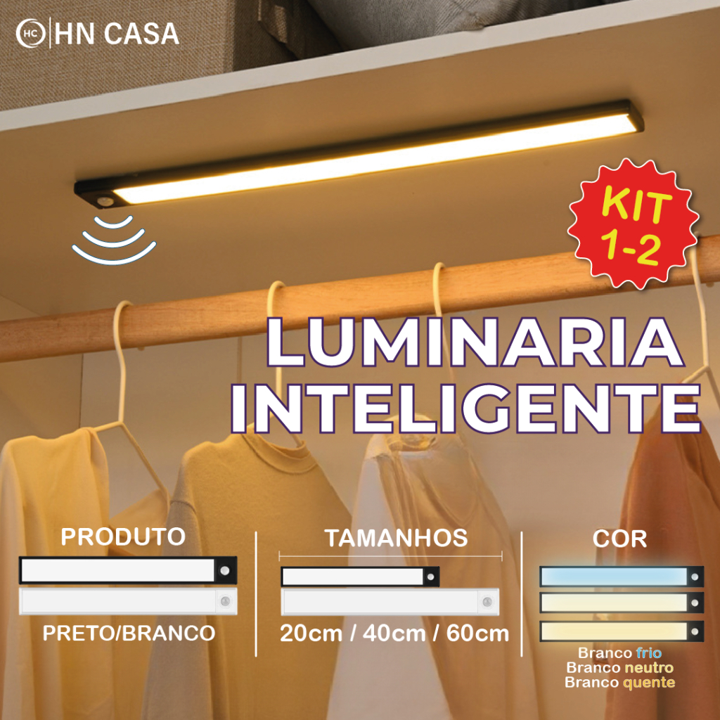 Kit 2 Smart Luminária Inteligente Ultra LED com sensor de movimento sem fio e Recarregável USB fino barra 20/40/60cm