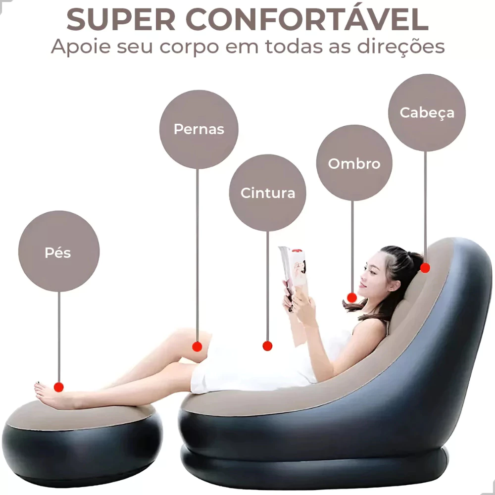 Mulher relaxada em poltrona inflável com apoio de pés, lendo revista.