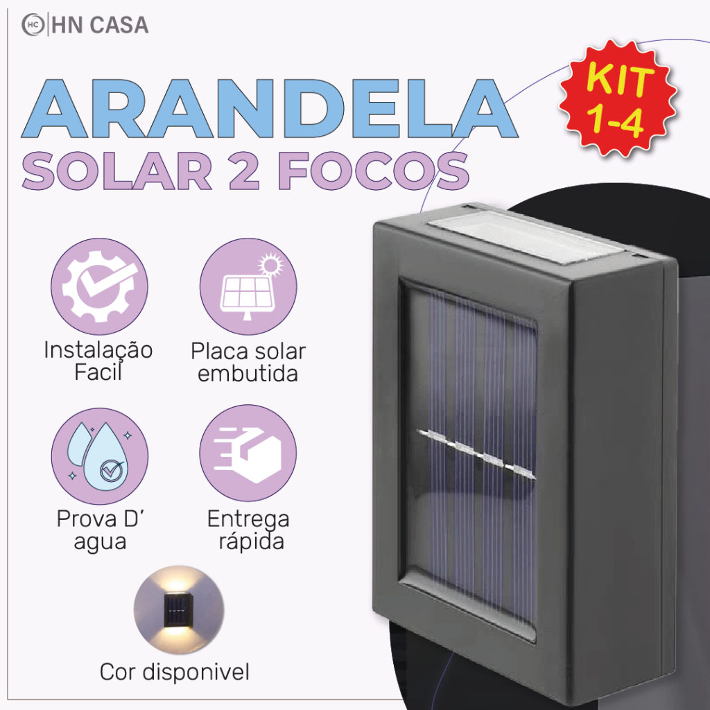 Kit 4 Luminária Arandela Solar IP65 Led 2 Focos de Luz Jardim e Parede Slim c/suporte