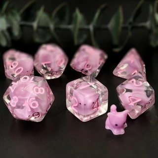 Conjunto de Dados de Resina Transparente - Design de Coração com Rosa e Gatinho, 7 Peças para Jogos de Tabuleiro e RPG