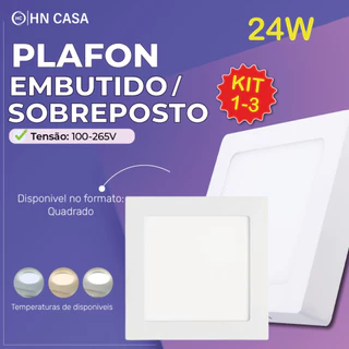 Kit 3 Luminária Painel Plafon Sobrepor Led 24w Quadrado Branco Quente | Branco Frio | Branco Neutro