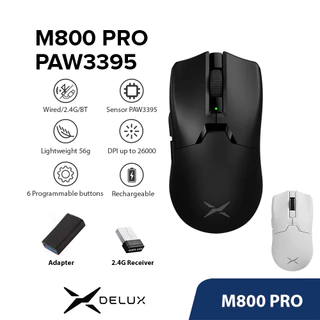 Delux M800 PRO PAW3395 Mouse Gamer DPI MÁX. 26000 com Fio 2.4G Bluetooth Sem Fio Recarregável Programável 56g