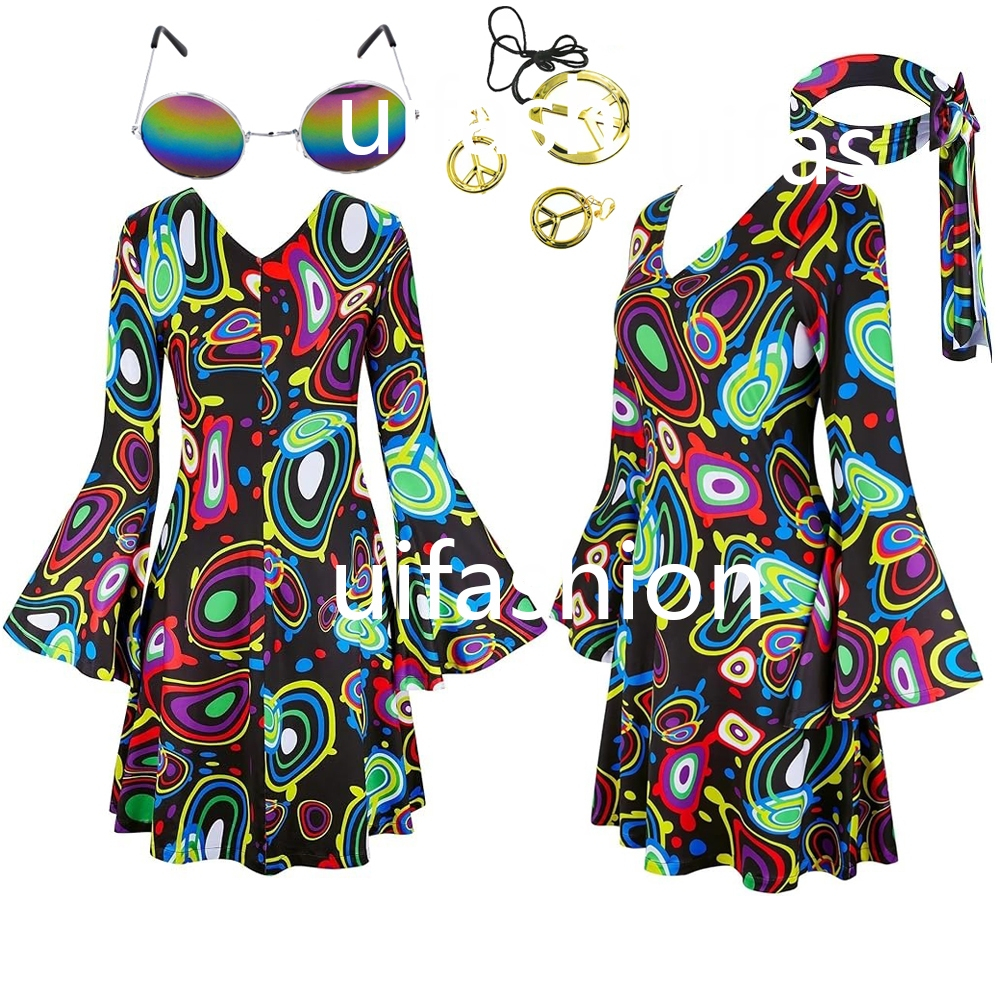 Fantasia Hippie Feminina Dos Anos 70 Vestido De Manga Larga Com