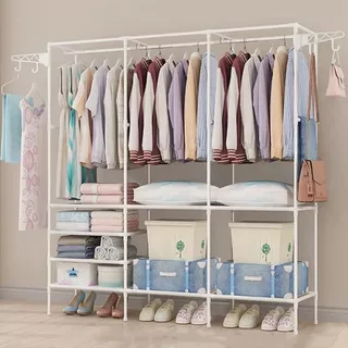 Cabide multifuncional preto e branco com sapateira/haste de roupas/guarda-roupa portátil de camada de armazenamento