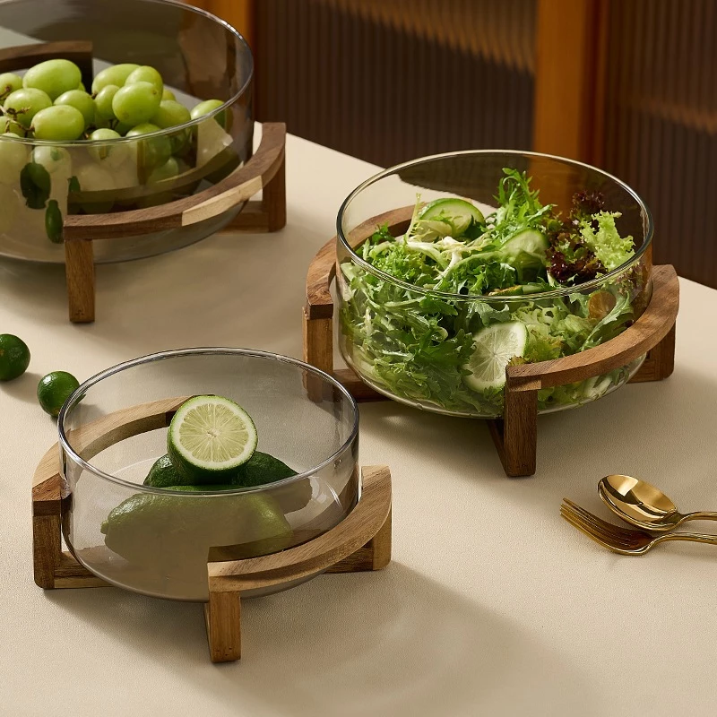 Saladeira De Vidro 1.8L/2.8L/3.8L Com Suporte De Madeira-Tigela Grande Para Servir Salada , Frutas Bambu Natural