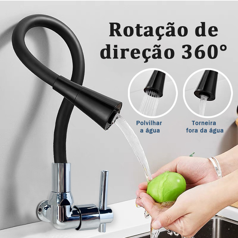 Torneira Cozinha Parede Preta Flexível Duplo Jato Cone 1/4 de Volta