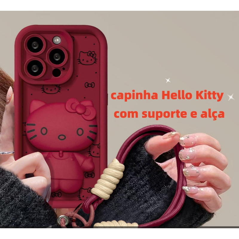 Suporte de espelho HelloKitty com corda iPhone17, 11, 12, 13, 14, 15, 16promax, 6, 7plus, XSMAX, XR Capa de telefone
