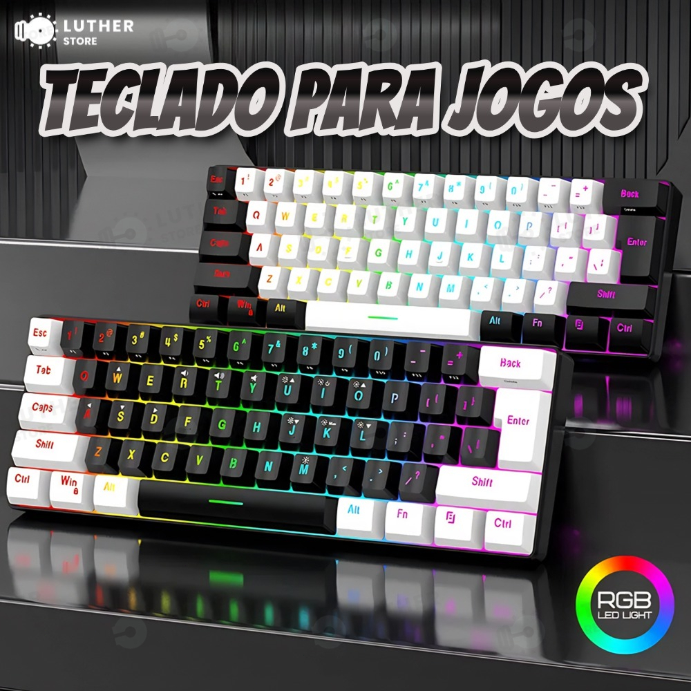 Teclado para jogos com fio 61-Key RGB Backlight Mini Compact USB-C Cabo de alimentação plugável