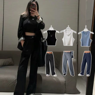 Conjunto De yoga Calças Compridas Femininas + Moda Cortada Roupas De 2 Peças Regata De Tricô Com Rosca em Oferta na Shopee