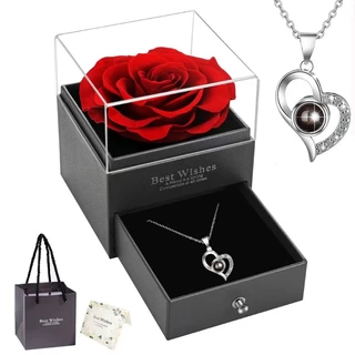 Caixa de Presente Rosa Flor Eterna Preservada E Colar Refletor Eu te amo em 100 idiomas Colar Feminino Presente de Natal