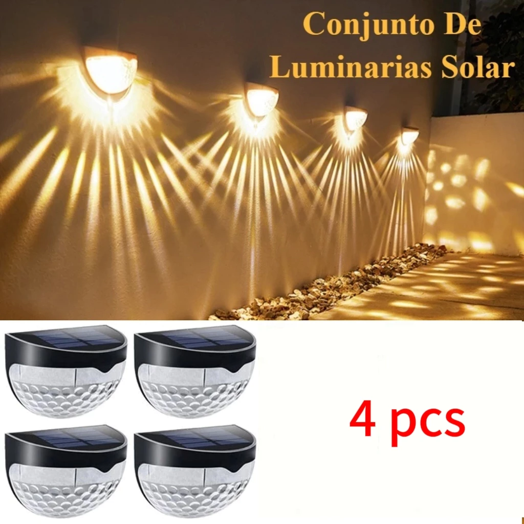 Kit 4 Arandela de Parede Energia Solar Branco Quente ou RGB Bateria Área Externa Fixa Preto