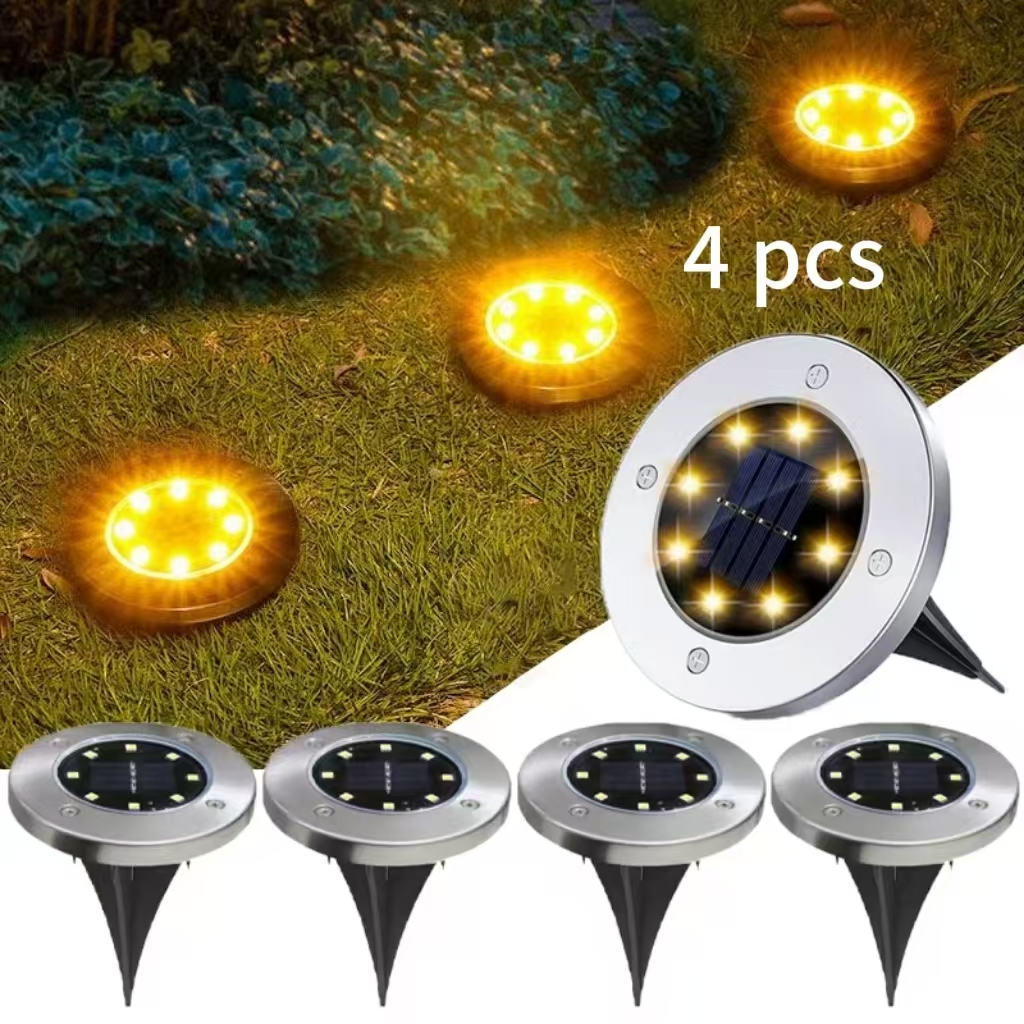 Kit4 Luminária Balizador Espeto Jardim Energia Solar LED Chão Redondo Branco Quente