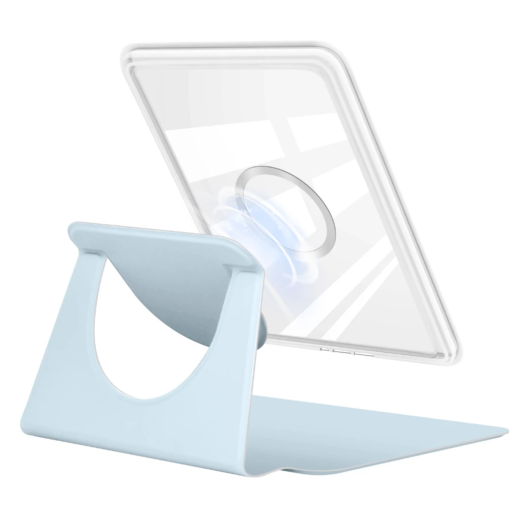 Capa azul claro utilizada como suporte para o Kindle em ângulo de leitura