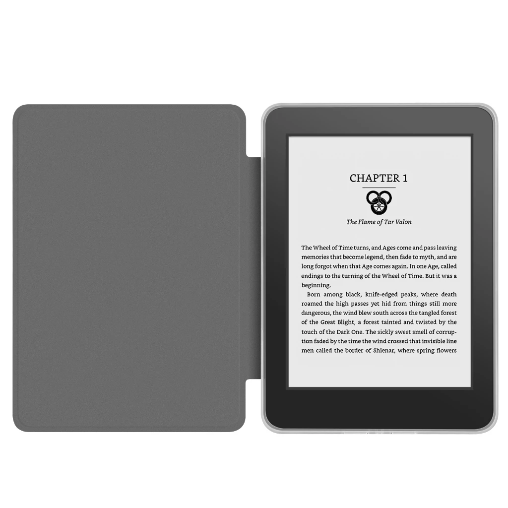 Capa cinza aberta acoplada ao Kindle mostrando página inicial com título Capítulo 1