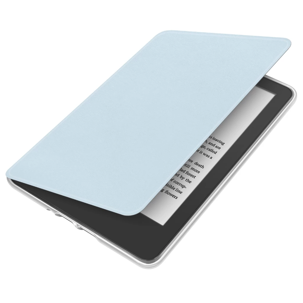 Capa azul claro aberta sobreposta ao Kindle exibindo texto na tela