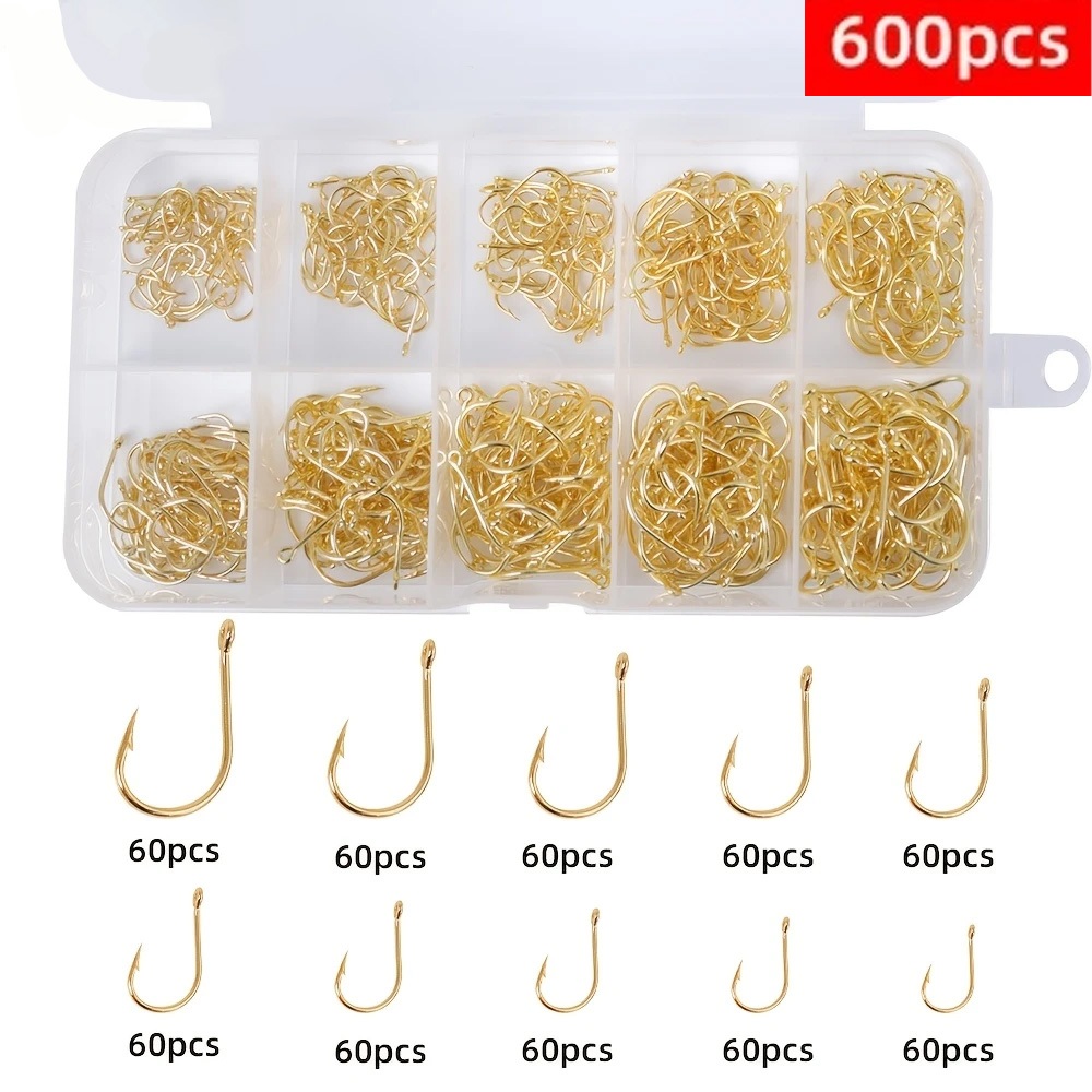 Kit Caixa de Pesca com 600 Anzóis Chinu Dourado #3 ao #12