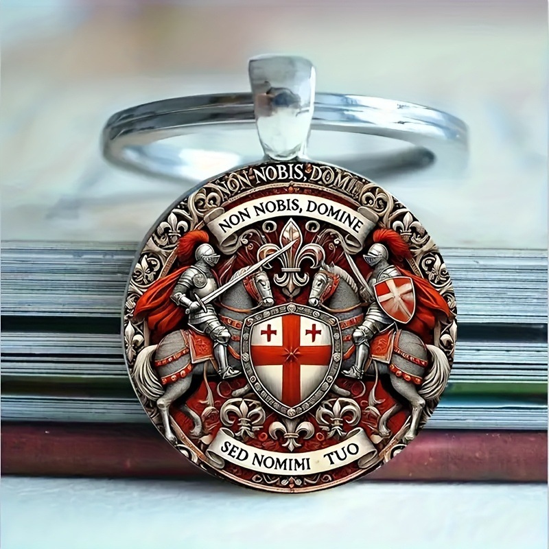 Chaveiro Masculino Católico Knight Templário , Presente De Símbolo Redondo De Liga De Vidro