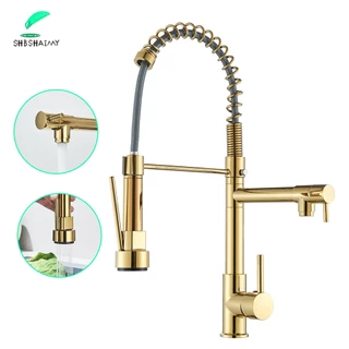 Torneira De Cozinha Gourmet SHBSHAIMY Alça Única Com Extensor De Spray Instalação De Bancada Dourada