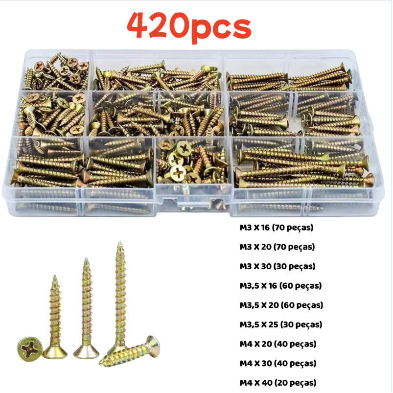 420 pedaços de parafusos altamente resistentes a fibra de zinco + caixa