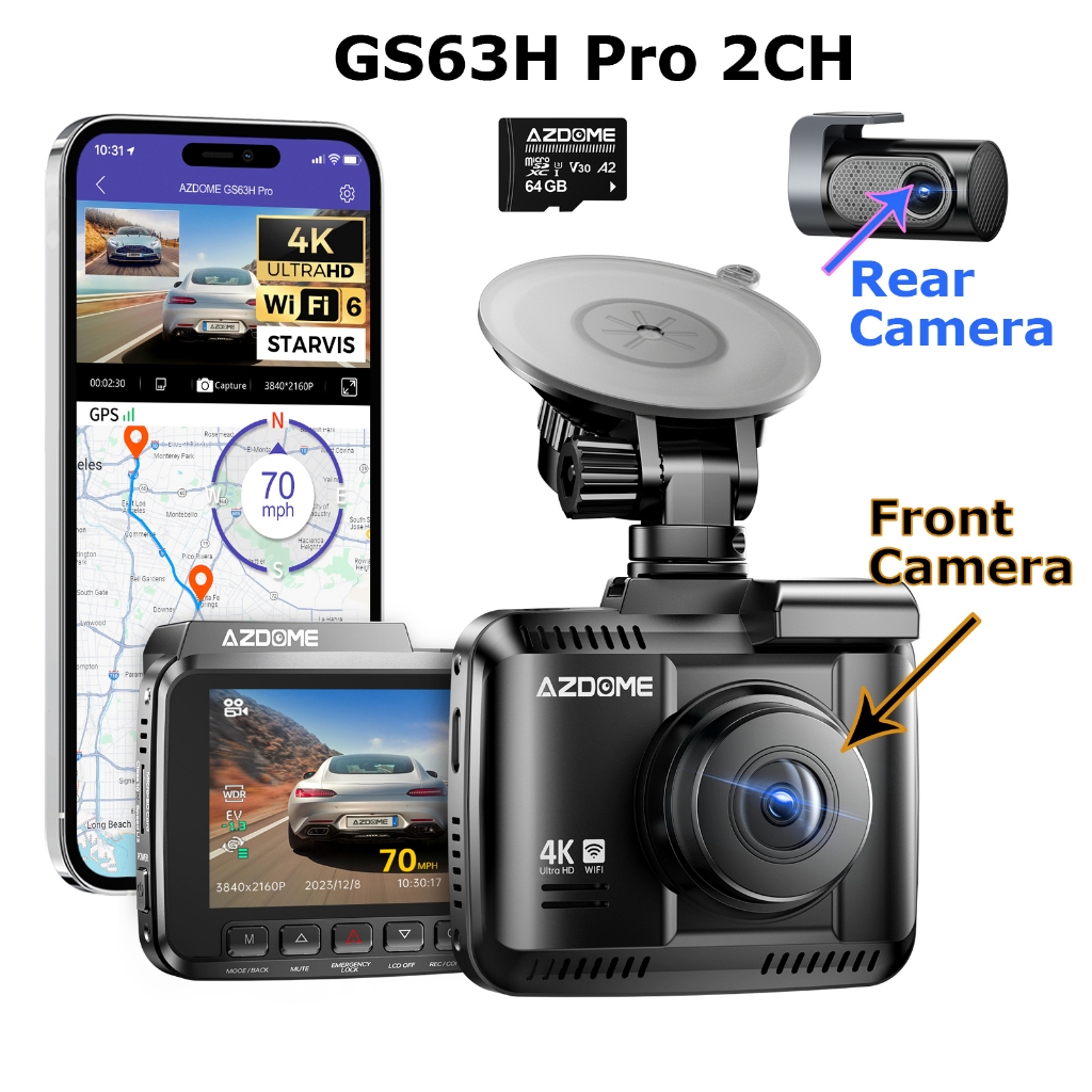 アムー AZDOME GS63H Pro 4K Câmera Dash Cam 2160P Frontal E Traseira De 2
