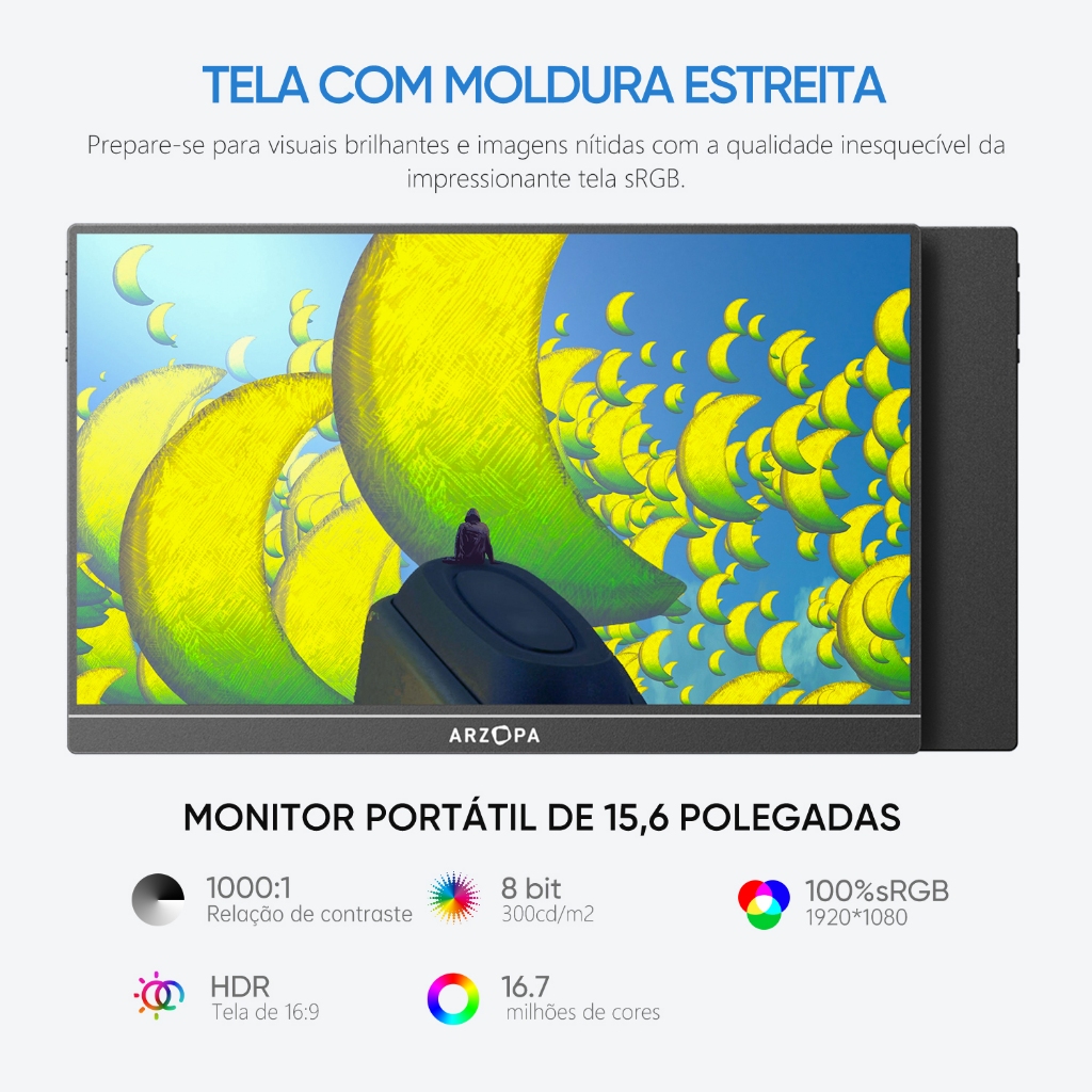 Arzopa Z1C-Monitor Portátil Com Suporte 100 % sRGB De 16.1 