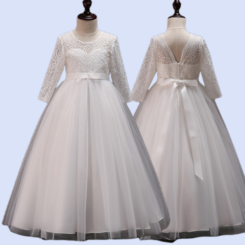Vestido Baile Dama Honra Infantil Branco - Rendado Com Contas Para Meninas