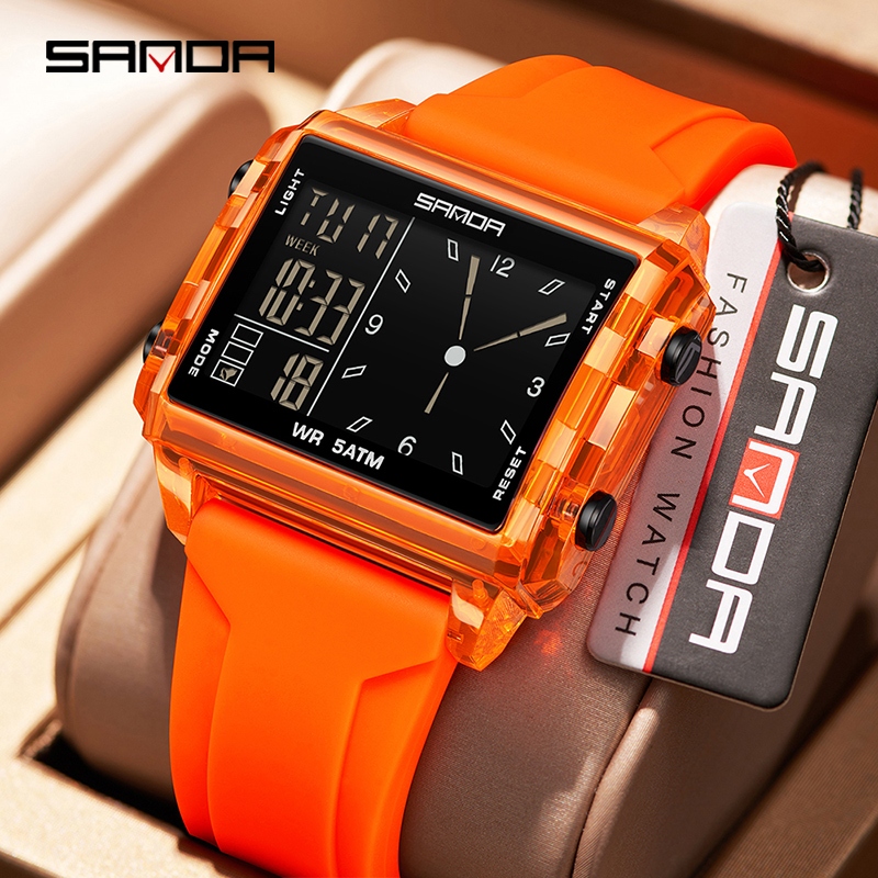 SANDA 6273 Relógio Masculino Quadrado Digital Com Display Duplo