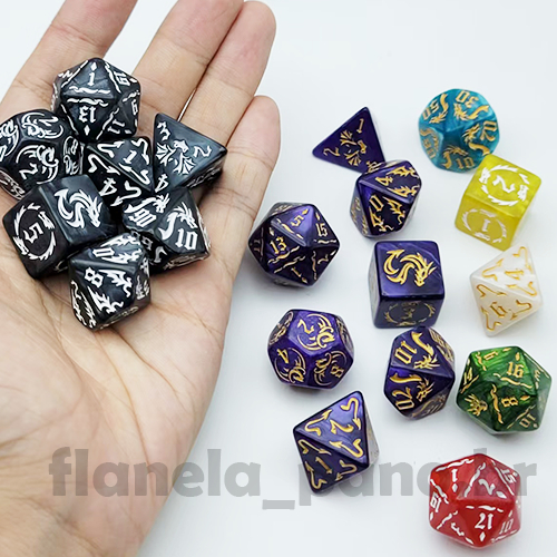 Conjunto de Dados RPG Verdes com Tema de Dragão e Runas – D4 a D20 para Jogos de Mesa