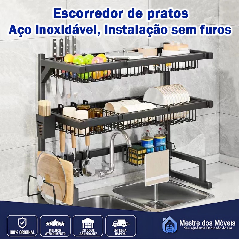 Escorredor Kitchen Rack Aço Inoxidável Organizador Louça Preto 65cm/85cm