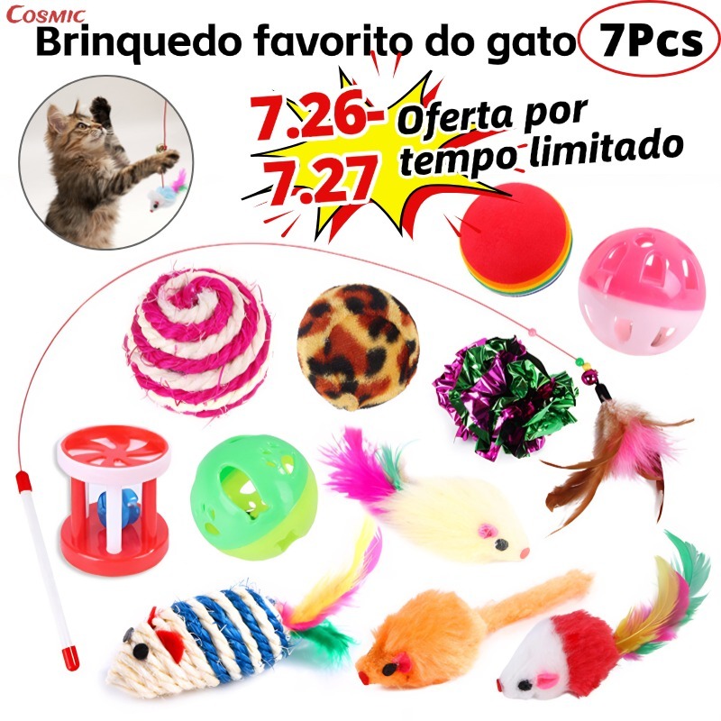 Kit 7 Brinquedos para Gatos Ratinho Bolinha Varinha Gatinho