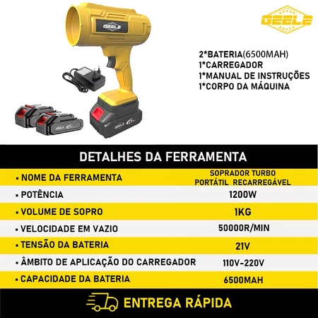 Soprador de folhas elétrico 2 baterias bivolt 50000rpm 1200w geele