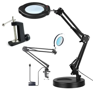 Lupa Iluminada 10X com Luz LED, 5 Cores + Dimmer, Mãos Livres para Artesanato/Conserto, Abajur com Clipe
