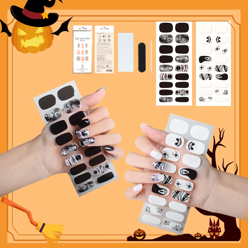 24pcs Halloween Semi-curado Gel Adesivos de Unhas | Fantasmas, Caveiras, Aranhas | Decoração Festa Assustador​