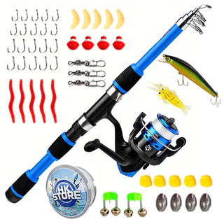 De Pesca Completo 1 Vara Telescópica 12 Libras + 1 Carretel Com Linha-Acessórios Iscas, Ganchos, Chumbadas