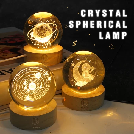 Luminária Cristal de Mesa Sistema Solar Saturno Lua Galáxia LED Base Madeira Enfeite Decorativo