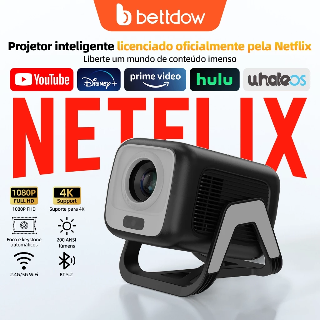 BETTDOW Projetor Netflix Genuíno 1080P Resolução Full 4K HD Android 13.0 E AI Controle De Voz Ampla Compatibilidade