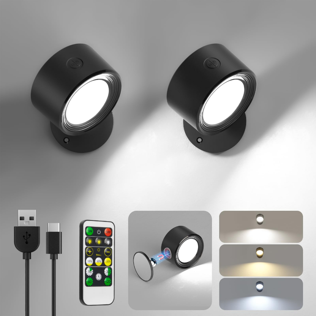 2 peças de luzes de parede sem fio com ímãs, luzes de leitura LED modernas, luzes reguláveis ​​alimentadas por USB