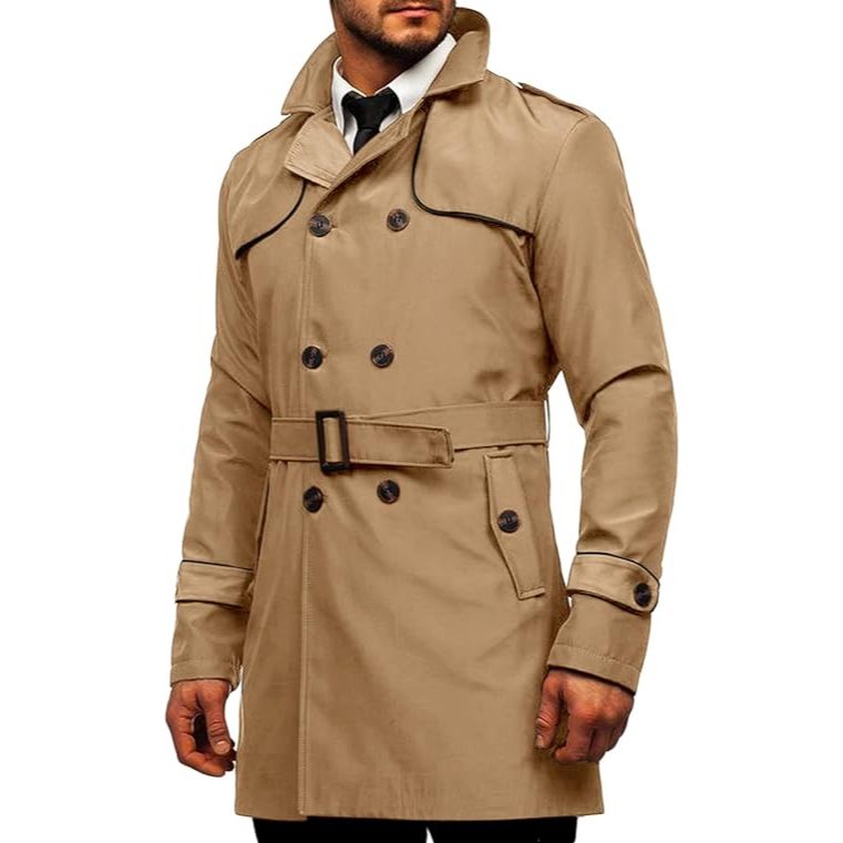 Trench Coat Masculino Fino Ajuste Duplo Breasted Entalhado Lapela