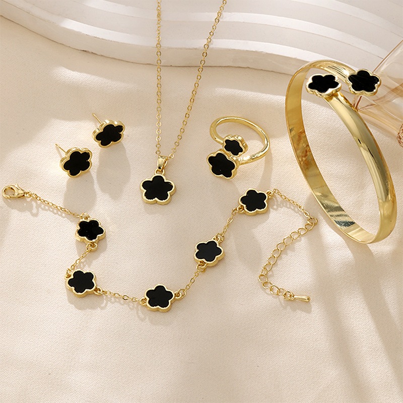 Moda 5 Pçs/Set 18K Ouro Preto Trevo Folha Flor Sorte Pulseira Colar Anel Brincos Conjuntos