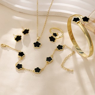 Moda 5 Pçs/Set 18K Ouro Preto Trevo Folha Flor Sorte Pulseira Colar Anel Brincos Conjuntos