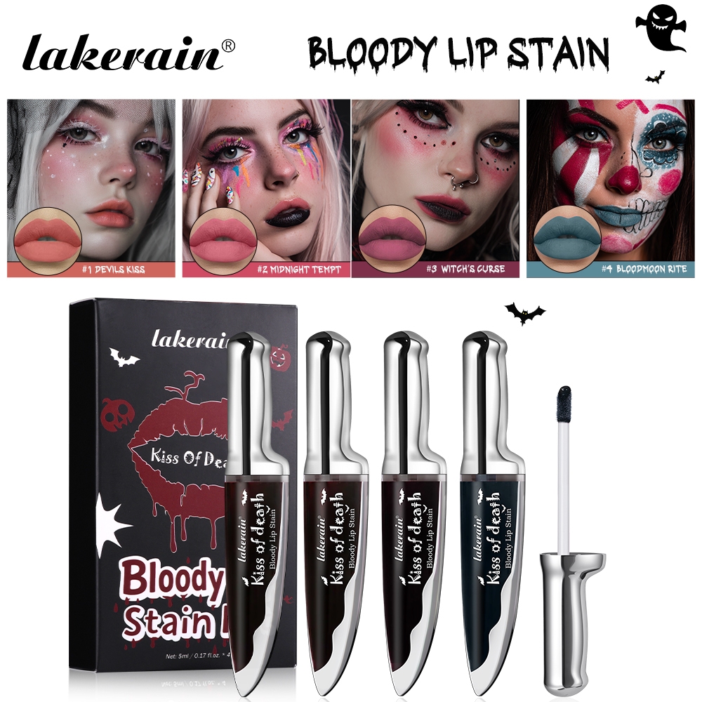Lakerain Bloody Lip Staint Preto Halloween Gótico Gloss kit Vampiro Sangue Vermelho Roxo Verde Longa Duração 24 Horas À em Oferta na Shopee