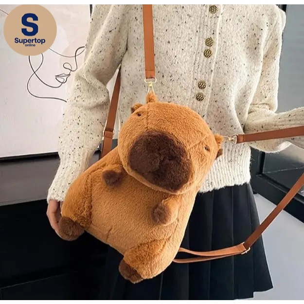 Mochila infantil Capivara, brinquedo de pelúcia gigante, design fofo e kawaii